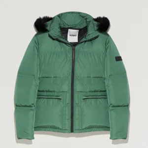 Doudoune en gabardine à capuche avec fourrure de renard