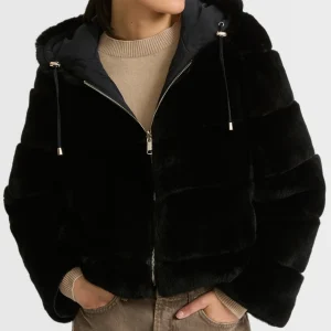 Parka courte réversible en tissu technique et lapin rex