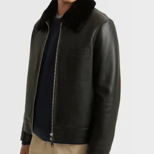Veste en cuir avec col en peau lainée