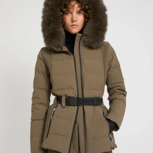 Veste de ski ceinturée en mix de tissus avec fourrure de renard imperméable