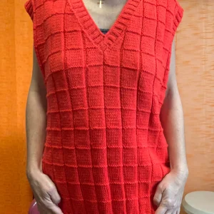 Grand Pull sans manche Orange tricoté Laine carreaux