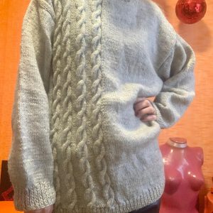Pull Tricot Pure Laine Vintage Gris avec torsades