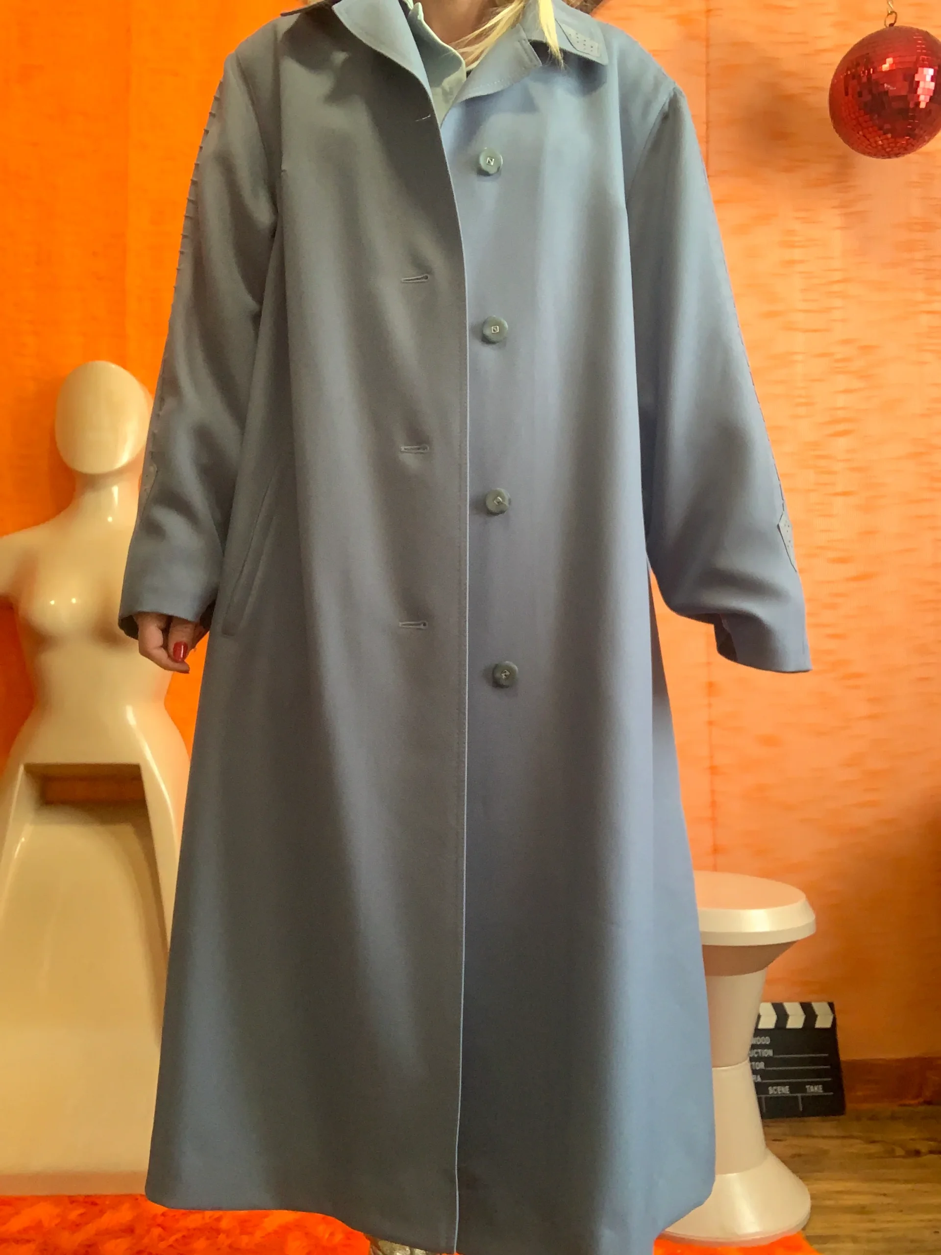 Veste Longue bleue Vintage 1980 Empiècements Daim Original – Image 2